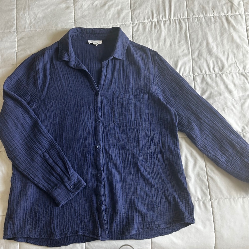 Beachlunchlounge Navy Blue Cotton Double Gauze Button Down Shirt XL Resort Beach